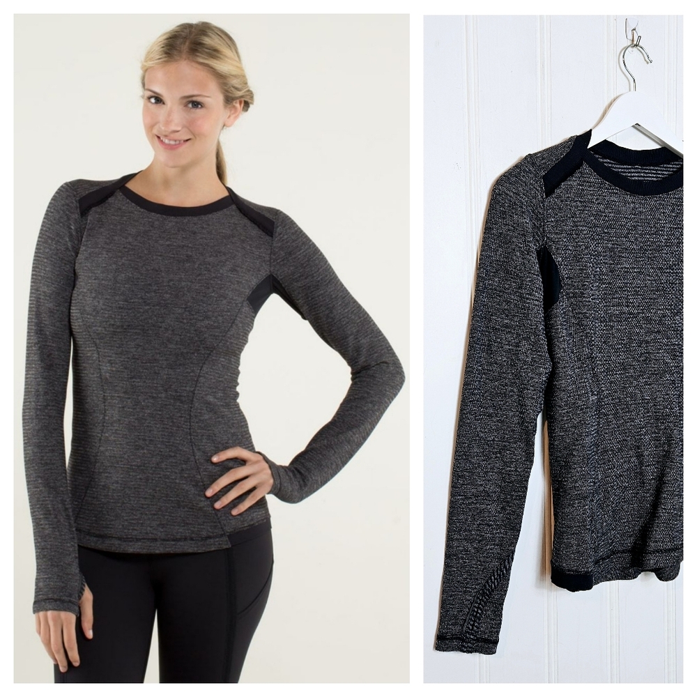 Lululemon Base Runner Long Sleeve 6 Rulu Mini Check Pique Running Top Black Gray
